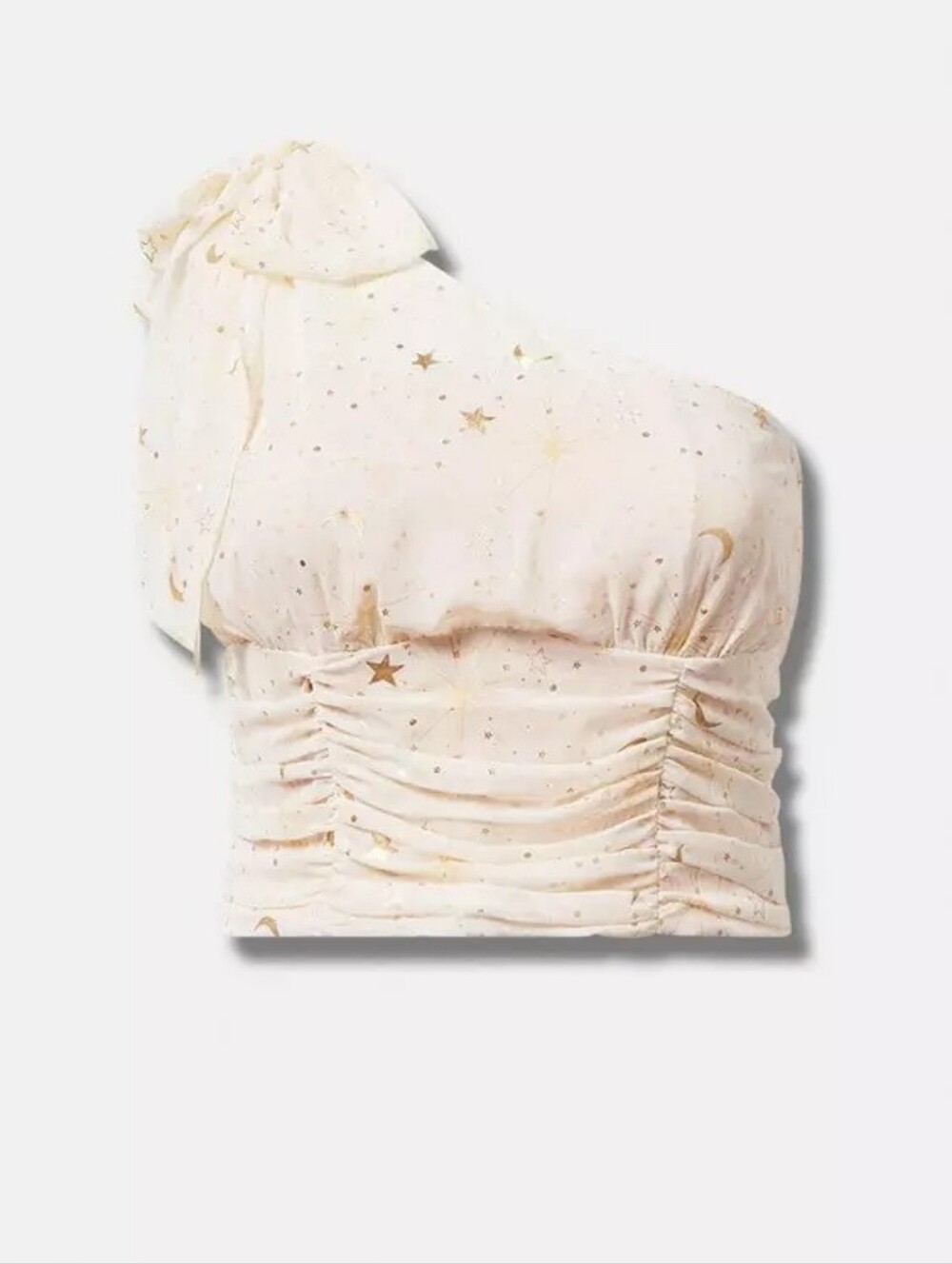 Torrid Ivory Chiffon Gold Stardust Foil One Shoulder Crop Top, Size 2X. NWT